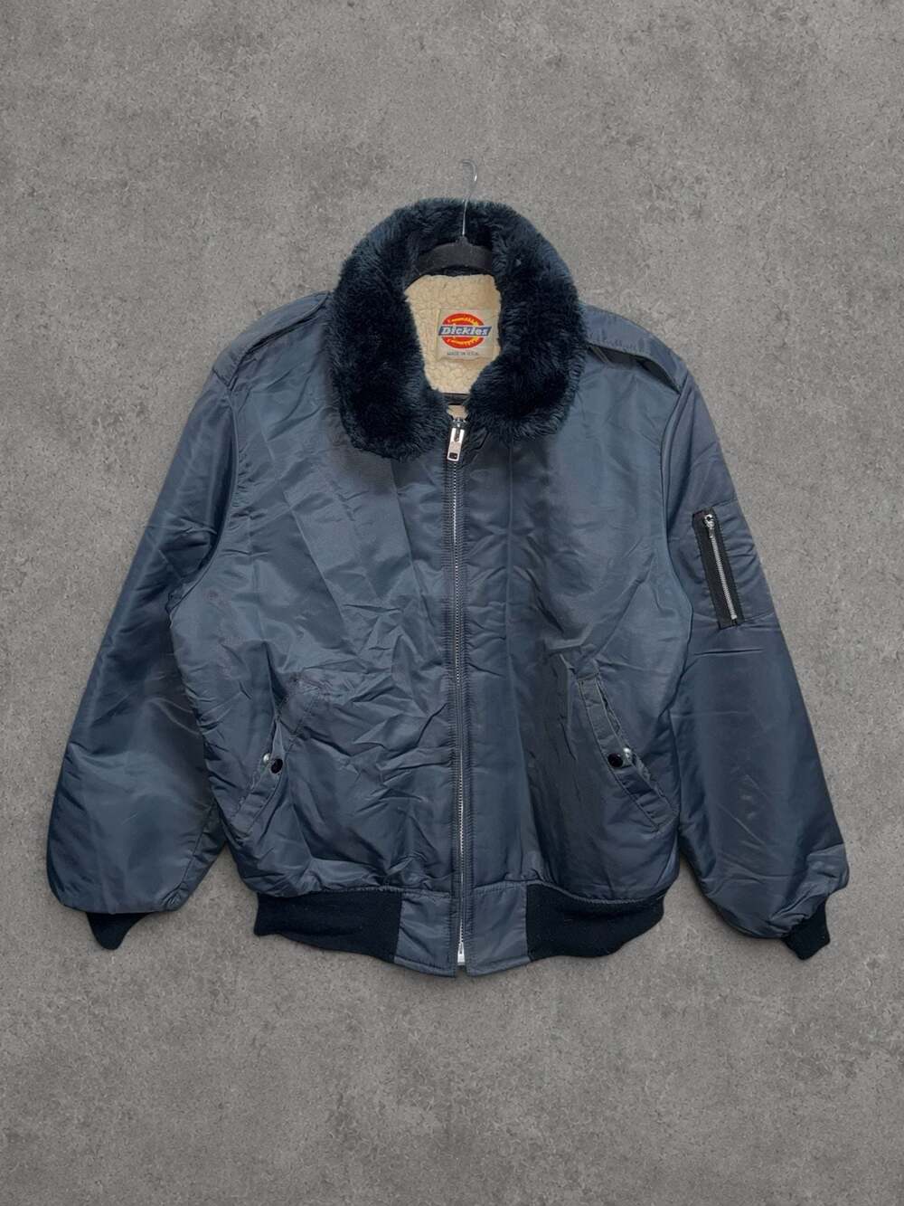 Vintage Dickies Navy Bomber Jacket with Faux Fur Collar Made in USA